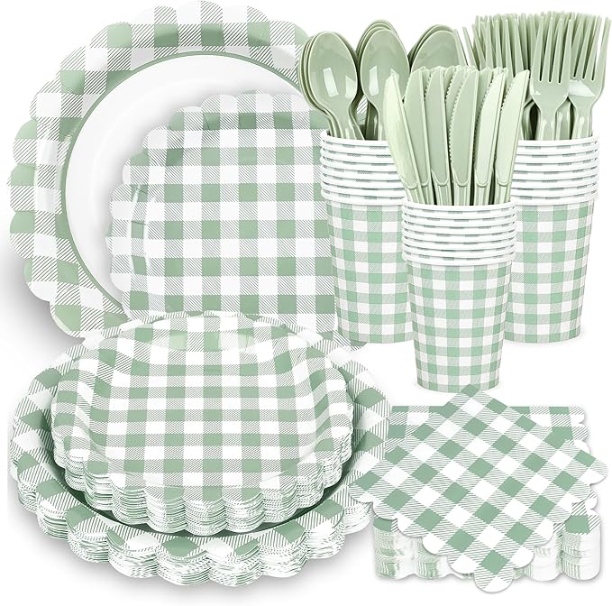 200 Pcs Sage Green Gingham Party Supplies Green and White Scalloped Paper Plates and Napkins Cups Disposable Gingham Checkered Plaid Dessert Plates Tableware Set for Baby Shower Wedding BBQ