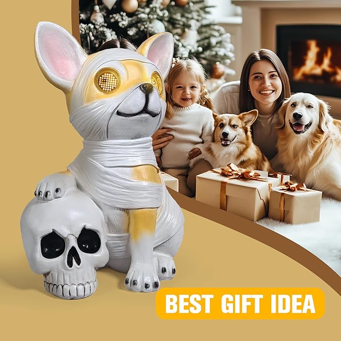 Halloween Decor Outdoor Solar Dog Statue Garden Decorations Holding Skeleton Statue Lights with 360° Spinning Glowing Eyes Ghost Garden Decor & Creative Gifts