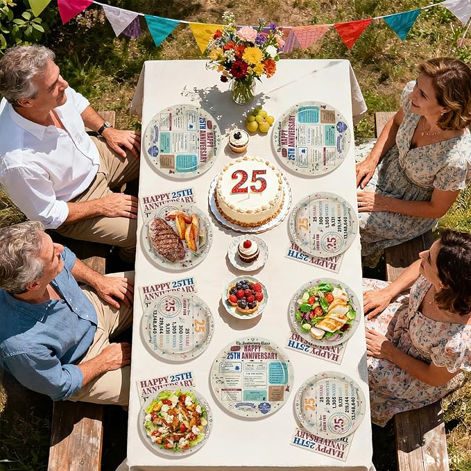 96Pcs 25th Anniversary Party Decorations Retro 25 Years Plates and Napkins 25th Anniversary Disposable Tableware Set for Vintage 25 Year Wedding Company Party Supplies Serves 24