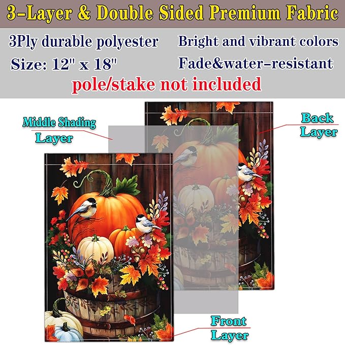 Fall Garden Flag Thanksgiving Halloween Pumpkin Yard Garden Flags for Outside 12×18 Inch Double Sided 3Ply Polyester Small Autumn Welcome Garden Flag Outdoor Decorations