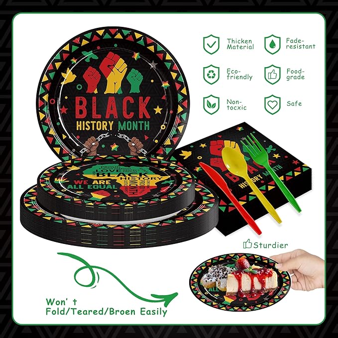 168pcs Black History Month Decorations Plates Napkins Disposable Paper Cups Tableware Set Black History Month Party Supplies for African American Festival Decor Serve 24 Guests