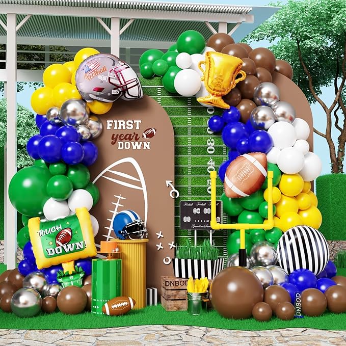 Football Balloon Arch Kit,135Pcs Yellow Royal Blue Silver Balloon Garland with Football,Helmet,Goal Post,Trophy Foil Balloons for Sports Rugby Birthday Big Game Touch Down Tailgate Party Decoration