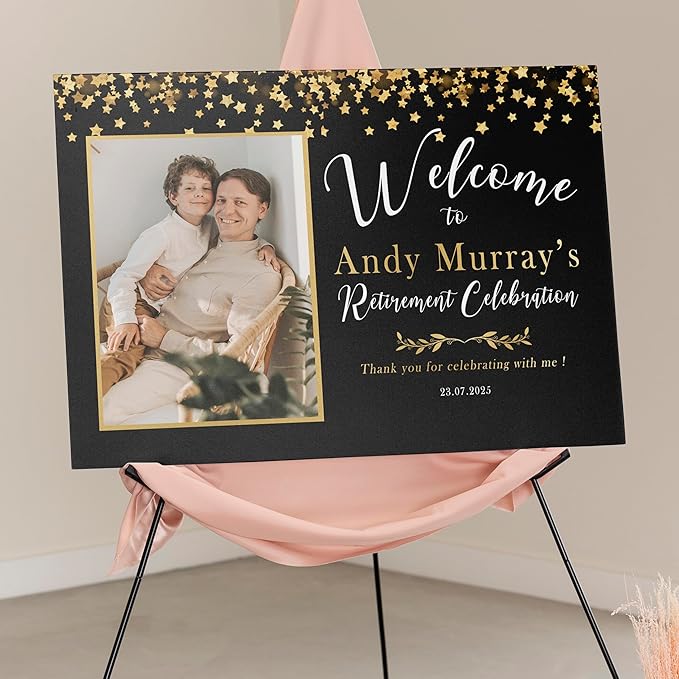Modern Retirement Party Welcome Sign with Photo, Black and Gold Minimal with Photo Retirement Celebration Yard Sign, Customizable Name & Date - Multiple Sizes