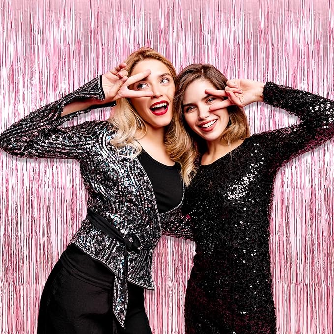 3 Pack Pink Foil Fringe Curtain Backdrop, 3.28Ft x 6.6Ft Metallic Tinsel Foil Fringe Streamer Curtains for Photo Booth, Christmas Day, Thanksgiving, Wedding, New Year Party Decorations