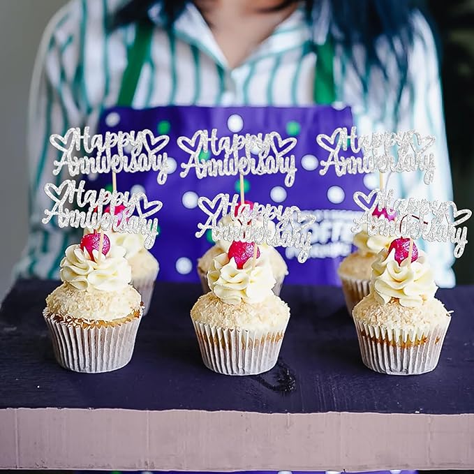 Gyufise 24Pcs Glitter Happy Anniversary Cupcake Toppers Anniversary Party Supplies Cake Decoration Wedding Celebration Party Decoration Supplies Silver