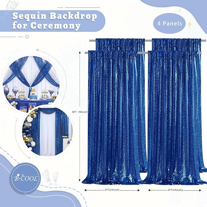 B-COOL Royal Blue Sequin Backdrop Curtains 4 Packs 2ftx8ft Sparkle Backdrop Fabric Sparkly Drapes for Party Ceremony Wedding Birthday Decorations