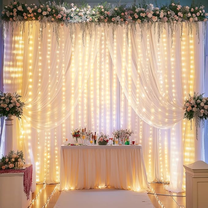 10x10FT White Wrinkle Free Backdrop Curtains with Lights String for Parties - Photo Curtain Backdrop with Lights for Wedding Decorations, Bridal Baby Shower Birthday Party Photography Background