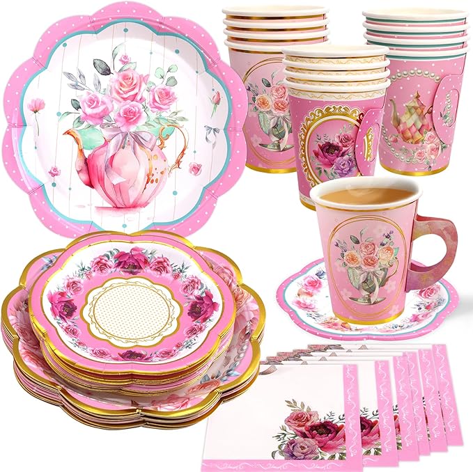 WorldBazaar Tea Party Disposable Tableware Set Pink Tea Party Supplies 12 Sets Floral Paper Tea Cups and Saucers Plates Napkins Tablecloth Pink Birthday Table Decorations Women Girls Adults