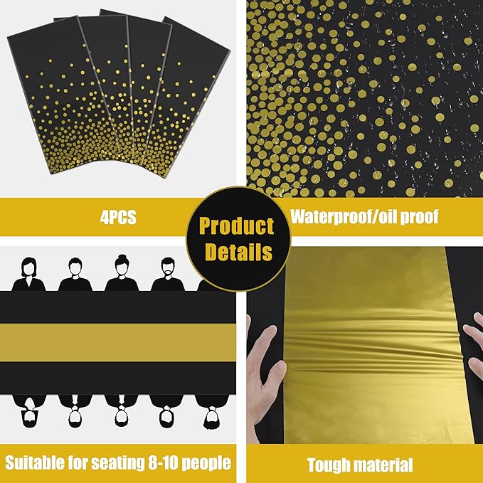 OHOME Graduation Decorations 2026-4 Pack Disposable Plastic Table Cloths,Black and Gold Table Covers for 50th Birthday Retirement Graduation Decorations Backdrop | New Years Party Supplies Favors