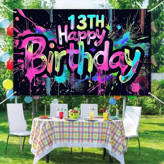 Neon 13th Happy Birthday Banner 71x43 Inch Paint Splatter Glow in The Dark Party Backdrop Colorful Wall Decor for Teens Boys Girls Thirteenth Birthday Celebrations Props Event Supplies