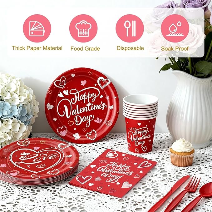 112PCS Valentine’s Day Heart Party Plates Supplies Love Red Heart Party Tableware Decoration Disposable Paper Plates Napkins Forks for Graduation, Anniversary(Serves 16)