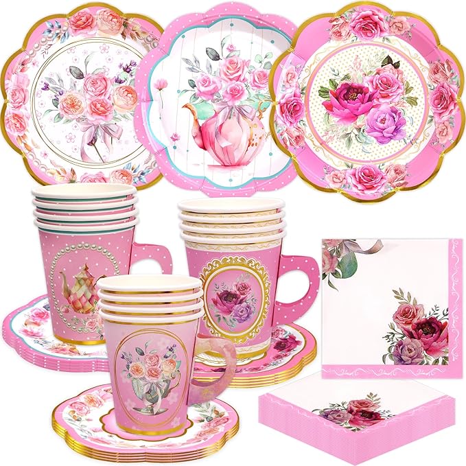 WorldBazaar Tea Party Disposable Tableware Set Pink Tea Party Supplies 12 Sets Floral Paper Tea Cups and Saucers Plates Napkins Tablecloth Pink Birthday Table Decorations Women Girls Adults