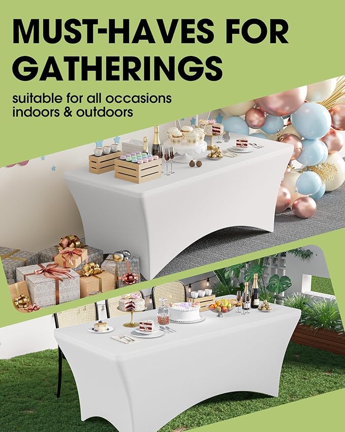 Pureegg Spandex Tablecloth 4ft - 6 Pack, Fitted and Stretch Table Cover for Rectangle Tables, Wrinkle-Resistant and Secure Fabric for Outdoor, Picnic, Party, Wedding, Banquet and Birthday, White