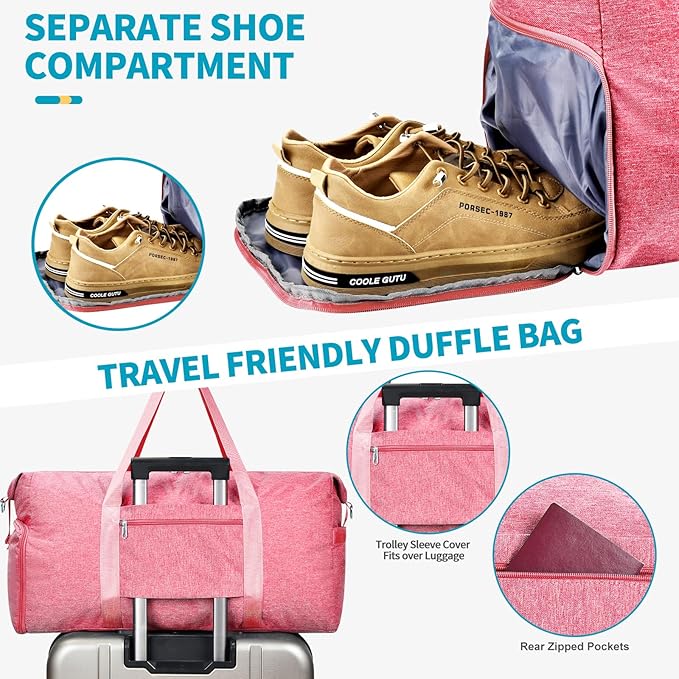 Carry on luaggage 22x14x9 Airlines Approved, Foldable Travel Duffel Bags Weekender Overnight Carry on Duffel Luggage Gym Duffle Bag with Wet Pocket & Shoe Compartment for Women Men(Pink, 40L)