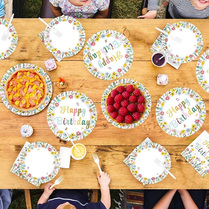 96Pcs Spring Flower Birthday Party Decorations Colorful Wildflower Plates and Napkins Groovy Boho Floral Leaf Disposable Paper Tableware Set for Women Birthday Party Supplies Serves 24