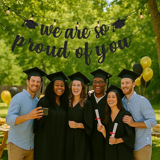 We Are So Proud of You Banner – Black Glitter Graduation Decorations 2026, Pre-Strung Congrats Grad Banner for College, High School, Senior Party, No Assembly Required, Class of 2026 Decor