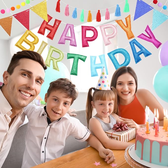 5 Pcs Pre-strung Rainbow Happy Birthday Banner Set, Felt Glitter Happy Birthday Garland with Ball Garland, Pennant Flags and Tassels, Birthdays Party Decorations for Kids and Adults
