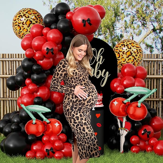 JOGAMS Betty Party Decorations,169Pcs Leopard Cheetah Print Party Decorations,Red Black Cherry Balloon Arch Kit with Ribbon Cherry Cheetah Balloons for Birthday Bachelorette Baby Shower Retro Party