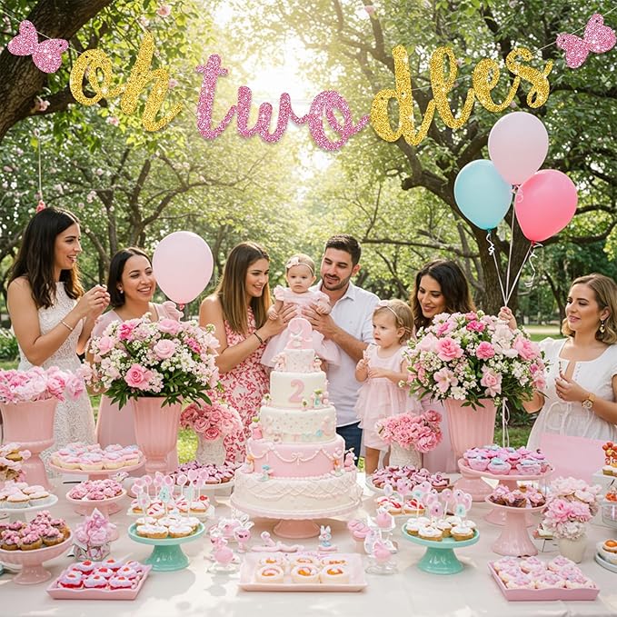 Glitter Pink Gold Oh Twodles Banner Pre-Strung Mouse Themed Cartoon Party Sign Garland 2nd Baby Birthday Decorations Birthday Party Supplies for Boys Girls,NO DIY