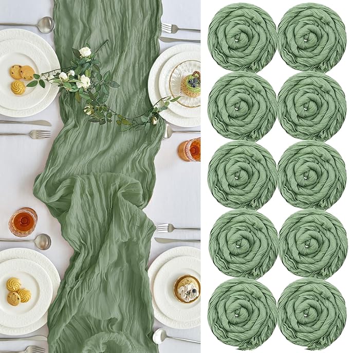 IVAPUPU 10 Pcs Cheesecloth Table Runner - 10ft Sage Green Easter Spring Boho Gauze Cheese Cloth Table Runners for Baby Shower Decoration Wedding Party Garden Farmhouse