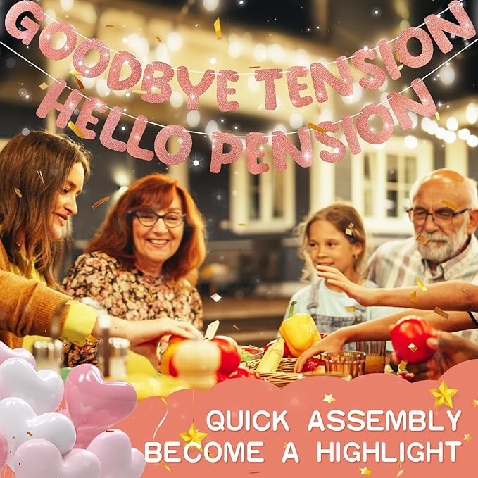 Retirement Banner Pre-Strung GOODBYE TENSION HELLO PENSION Banner Glitter Retirement Party Supplies Decorations for Women Men Office Home Decor (Rose Gold)