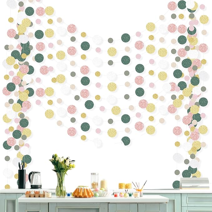 Outus 10 Pieces Colorful Dots Paper Garland Easter Decor Round Glitter Hanging Confetti Streamers Backdrop for Spring Birthday Classroom Halloween Trunk or Treat Car Decoration (Sage Green,Pink,Gold)