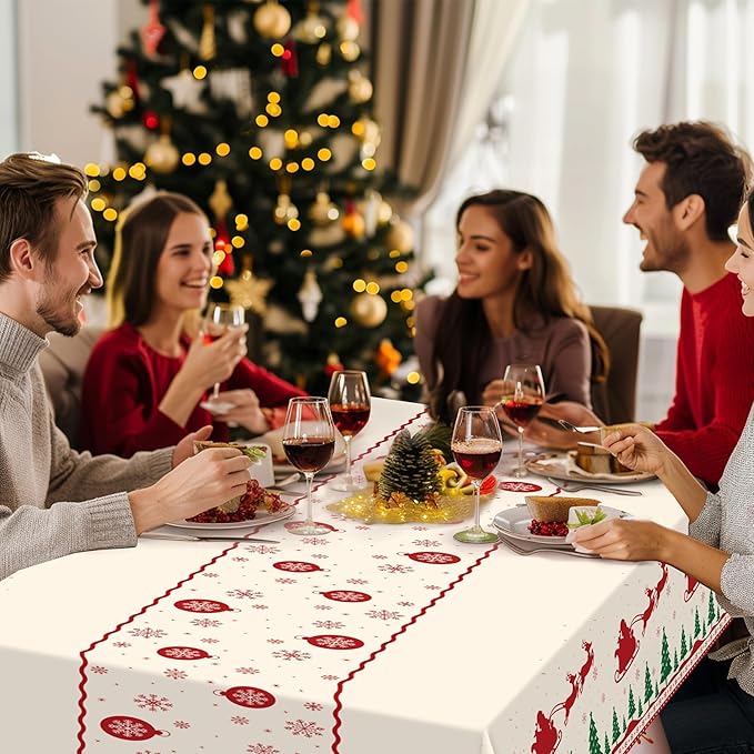 Childom Christmas Disposable Tablecloth,2 Pack Plastic Christmas Tablecloths for Rectangle Tables,54 x 108 Inch,Xmas Beige Reindeer Tablecloths for Xmas Table Decorations Indoor,Outdoor,Parties