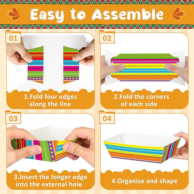50 Pcs Mexican Taco Food Trays, Disposable Cinco De Mayo Paper Tray Fiesta Theme Party Decorations, Colorful Mexican Stripe Design Kitchen Decor Fiesta Ware Dinnerware for Mayo Party Supplies