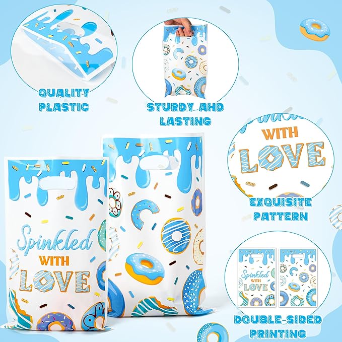 G1ngtar 50Pcs Blue Donut Party Favor Bags - Sweet Doughnut Goodie Candy Treat Gifts Waterproof Plastic Bags for Kids Birthday Party Decoration Supplies