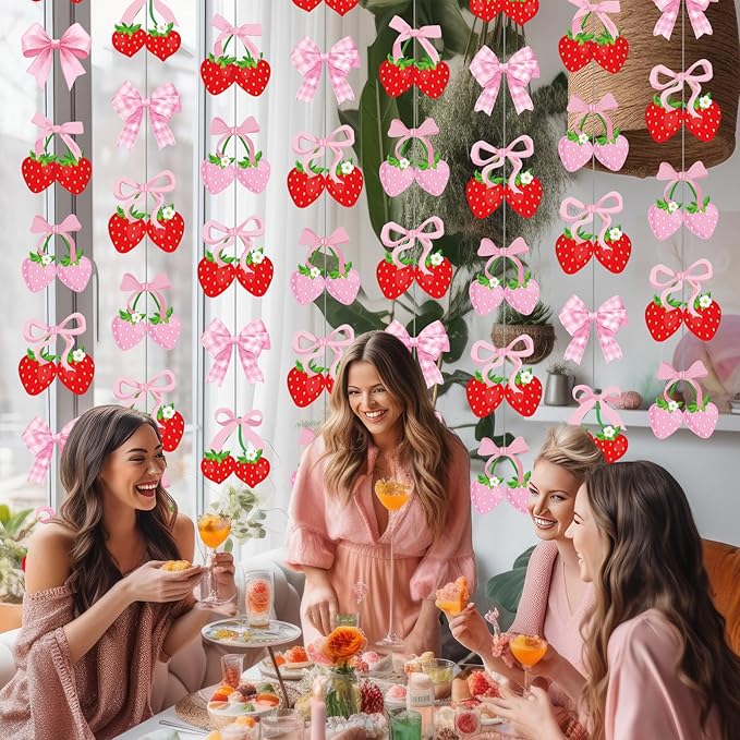 Xinnun Pink Bow Strawberry Party Decorations Pink Bow Hanging Banners Berry Sweet Banner Decor Bowknot Theme Streamer for Summer Birthday Bridal Engagement Bachelorette Wedding Party Decor(Strawberry)