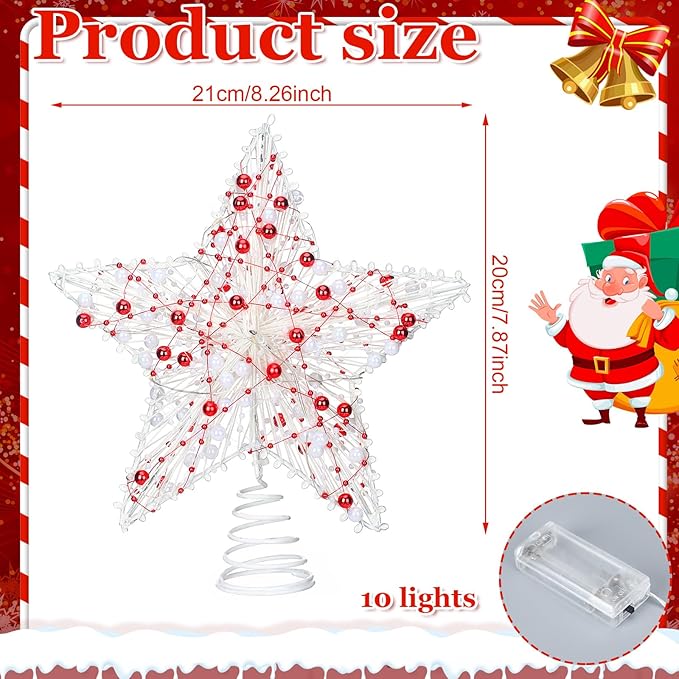 Christmas Star Tree Topper 8.3 Red and White Beads Decor 3D Star Treetop LED Lights Battery Powered Xmas Tree Ornament for Xmas Party Indoor Outdoor Home Decoration