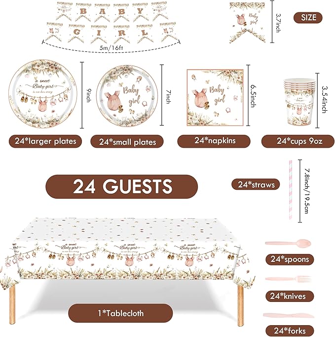 Pink Baby Girl Shower Decorations – 194 PCS A Sweet Girl Is On Her Way Party Supplies for 24 Guests, Includes Plates, Cups, Napkins, Cutlery, Banner & Tablecloth