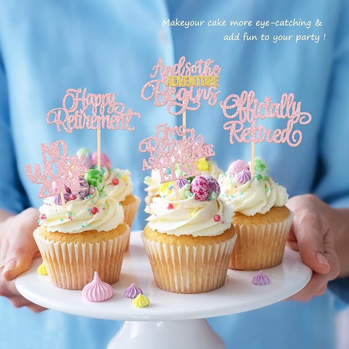 30 PCS Happy Retirement Cupcake Toppers Officially Retired Cupcake Picks No Work Zone Adventure Begins Cake Decorations for Retirement Theme Farewell Birthday Party Decor Supplies Pink