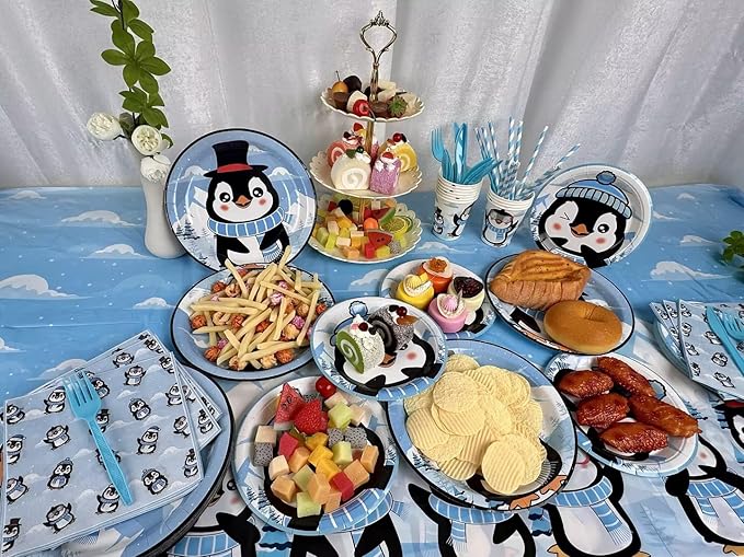 Winter Penguin Party Supplies Set, 141 Pieces Birthday Decorations with Plates, Cups, Tablecloth, Banner, Blue and White Theme Pack for 20 Guests