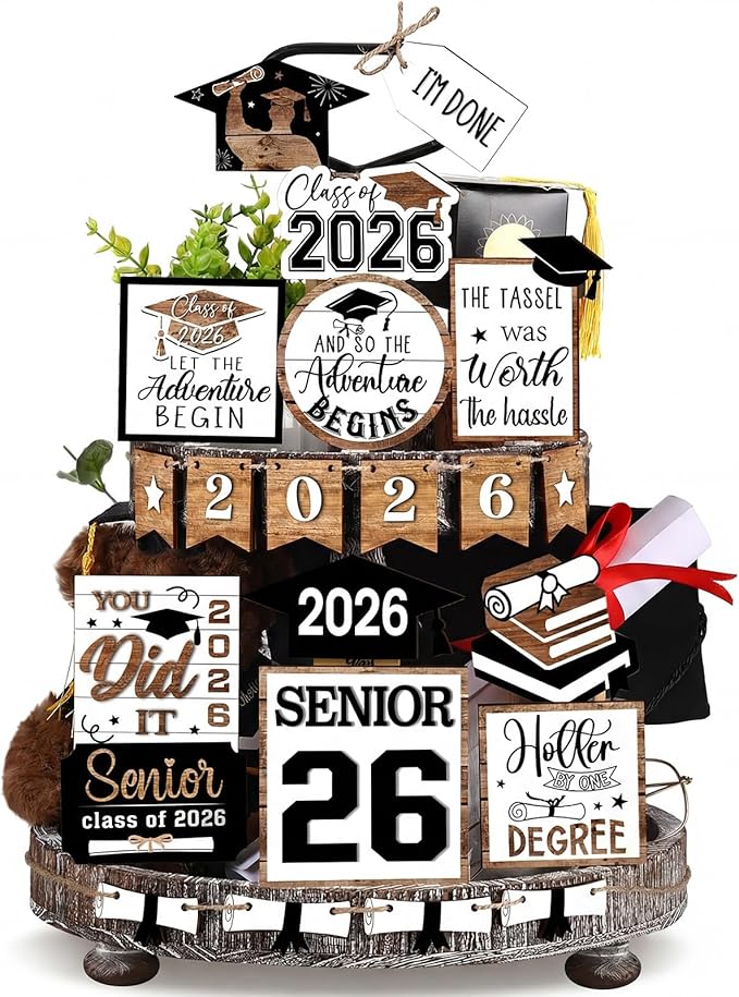 22 Pcs 2026 Graduation Tiered Tray Decor Sets Wooden Graduation Class of 2026 Table Decorations Senior 2026 Gown Diploma Farmhouse Signs for Home Shelf Party Office Desk(Black, White)