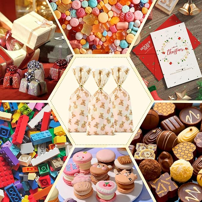 Docvania Bear Cellophane Treat Bags Plastic Gift Bag 100 pcs 5 X 11 Bear Cookie Bags with Ties Goodie Candy Bag Suitable for Mother's Day, Valentine's Day, and Holiday Parties