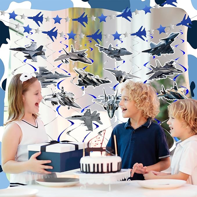 26 Pcs Airplane Party Supplies Air Force Banner Garland Hanging Swirls Fighter Jet Party Decoration for Birthday Retirement Airplane Whirls Ceiling Swirls Streamers Aviation Decoration