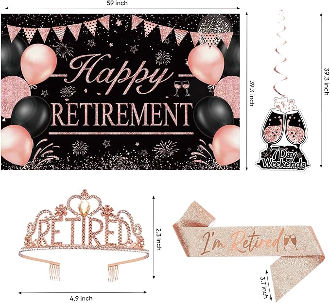 Retirement Party Decorations for Women Rose Gold Retirement Crown and Sash Happy Retirement Banner Backdrop Balloons Paper Fans Hanging Swirl Set