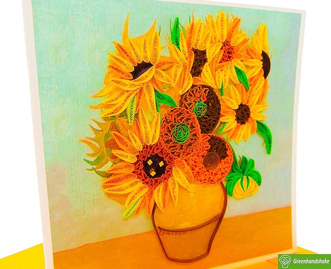GREENHANDSHAKE Van Gogh's Vase with Sunflowers (1888) Quilling Art Greeting Card,Design Greeting Card for Birthday, Valentine's Day, Get Well, All Occasion. Framable Artwork for Art Lovers
