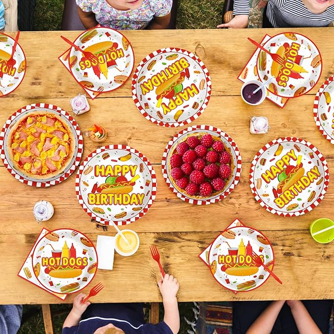 Grencian 96Pcs Hot Dog Birthday Party Supplies Fast Food Party Plates and Napkins Disposable Hotdog Birthday Decorations Tableware Set for Picnic Baby Shower Sausage Summer BBQ Serves 24