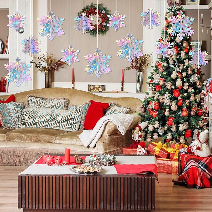 JULMELON 18PCS Christmas Hanging Snowflakes Decorations, 3D Holographic Paper Snowflakes Iridescent Snow Flakes Frozen Winter Wonderland Decorations for Christmas New Year's Birthdays Winter Parties