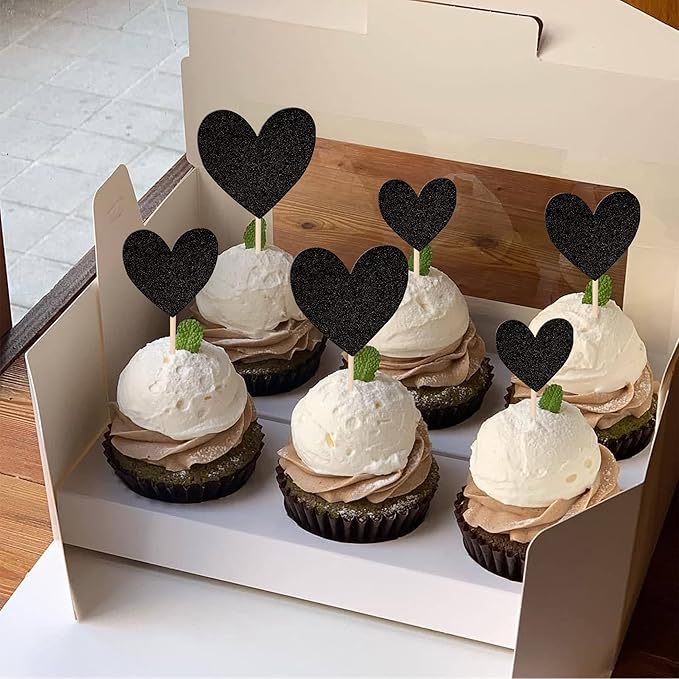 30 PCS Love Heart Cupcake Toppers Glitter Sweet Love Cupcake Picks Bridal Shower Wedding Engagement Cake Decorations for Valentine's Day Baby Shower Birthday Anniversary Party Supplies Black