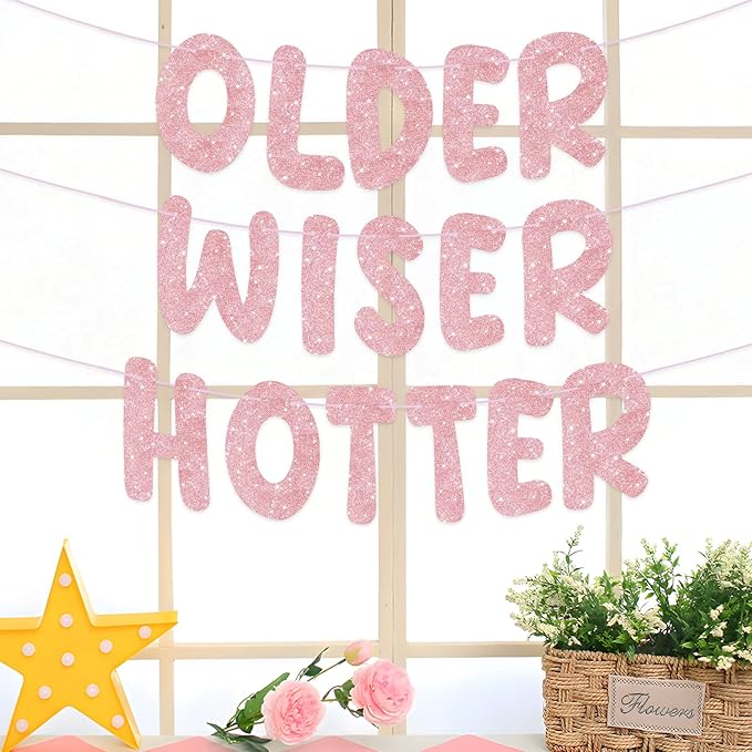 Pre-Strung Happy Birthday Banner Birthday Sign NO DIY Glitter Older Wiser Hotter Banner for Women Men 30th 40th 50th 60th 70th 80th Funny Birthday Decorations (Rose Gold)