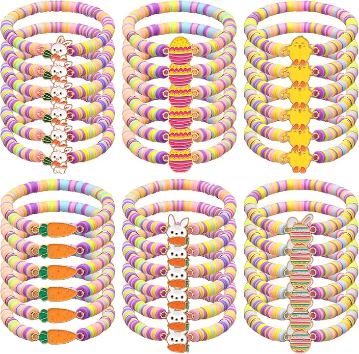 Tondiamo 30 Pcs Easter Party Bracelets Gifts Bulk Easter Bunny Egg Chick Carrot Polymer Clay Beaded Bracelets Bulk for Party Supplies Basket Stuffers Egg Fillers Gifts