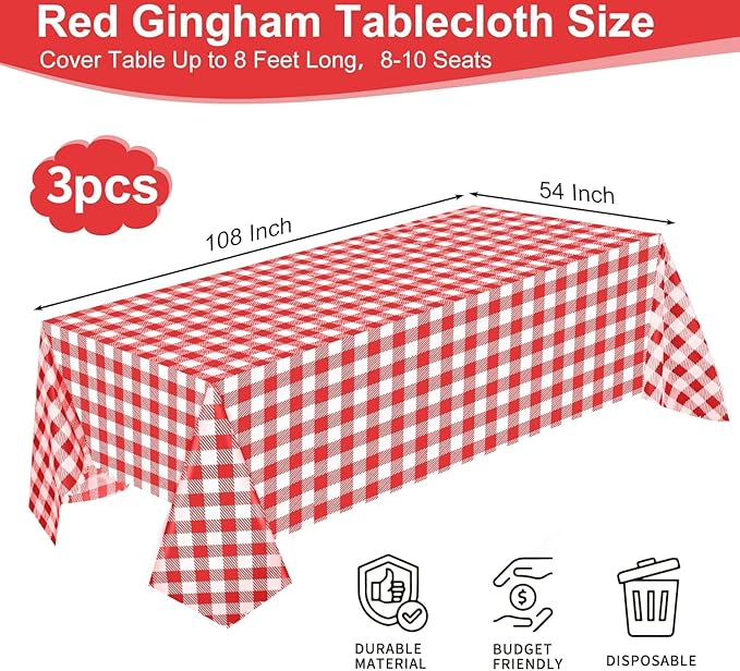 3 Pack Red and White Checkered Tablecloth, 54 X 108Inch Plastic Red Gingham Table Cloth Disposable Spring Picnic Tablecloth Waterproof Red Checkered Table Cover for BBQ Picnic Barbecue Birthday Party