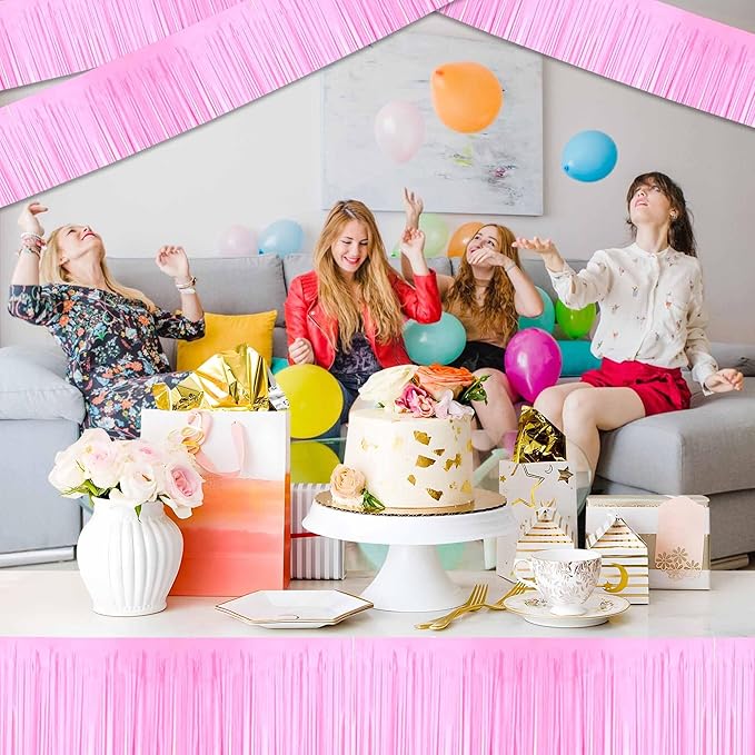 4 Pack 10 Ft Macaron Pink Foil Fringe Garland Metallic Streamers Tinsel Banner Wall Hanging Garland Backdrop for Parade Floats, Graduation, Theme Party, Carnival, Birthday, Wedding Party Decorations