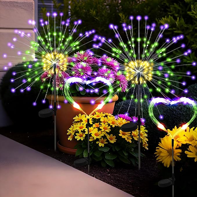 Mardi Gras Solar Lights Outdoor, 4 Pack Solar Garden Lights Outside Fairy Firework Decorative,Solar Powered for Mardi Gras,Yard Pathway Party Balcony Patio Decor (Purple, Green, Yellow)