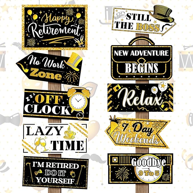 Hooqict Retirement Party Decorations 20 Pieces Happy Retirement Party Signs for Black and Gold Retirement Theme Party Decor Directional Banner Sign Retirement Birthday Party Supplies