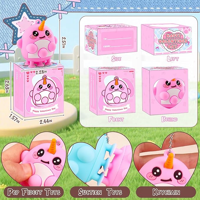 Valentines Day Gifts for Kids, 24 PCS Prefiled Valentines Box with 3D Animal Pop Suction Toys, Valentines Party Favors for Class, School Classroom Valentines Gifts for Boys Girls Toddlers