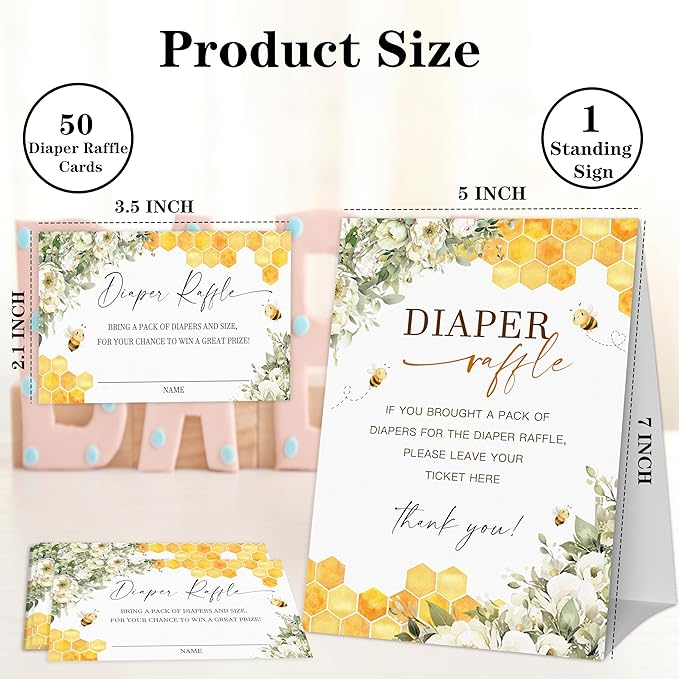 Honey Bee Diaper Raffle Game, Diaper Raffle Tickets for Baby Shower, Bee Theme Gender Neutral Tickets for Baby Shower Party Favor Decorations Supplies (1 Sign + 50 Cards)